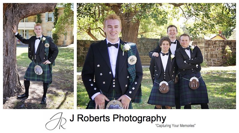 Groom having fun with groomsmen in kilts - sydney wedding photographer 
